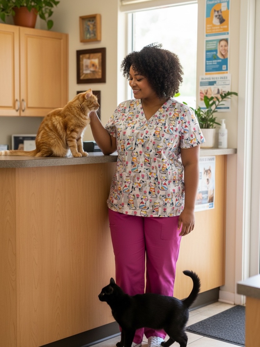 Divine Curves 2X Cat Print Scrub Top V Neck Nursing Vet Tech Uniform Veterinary